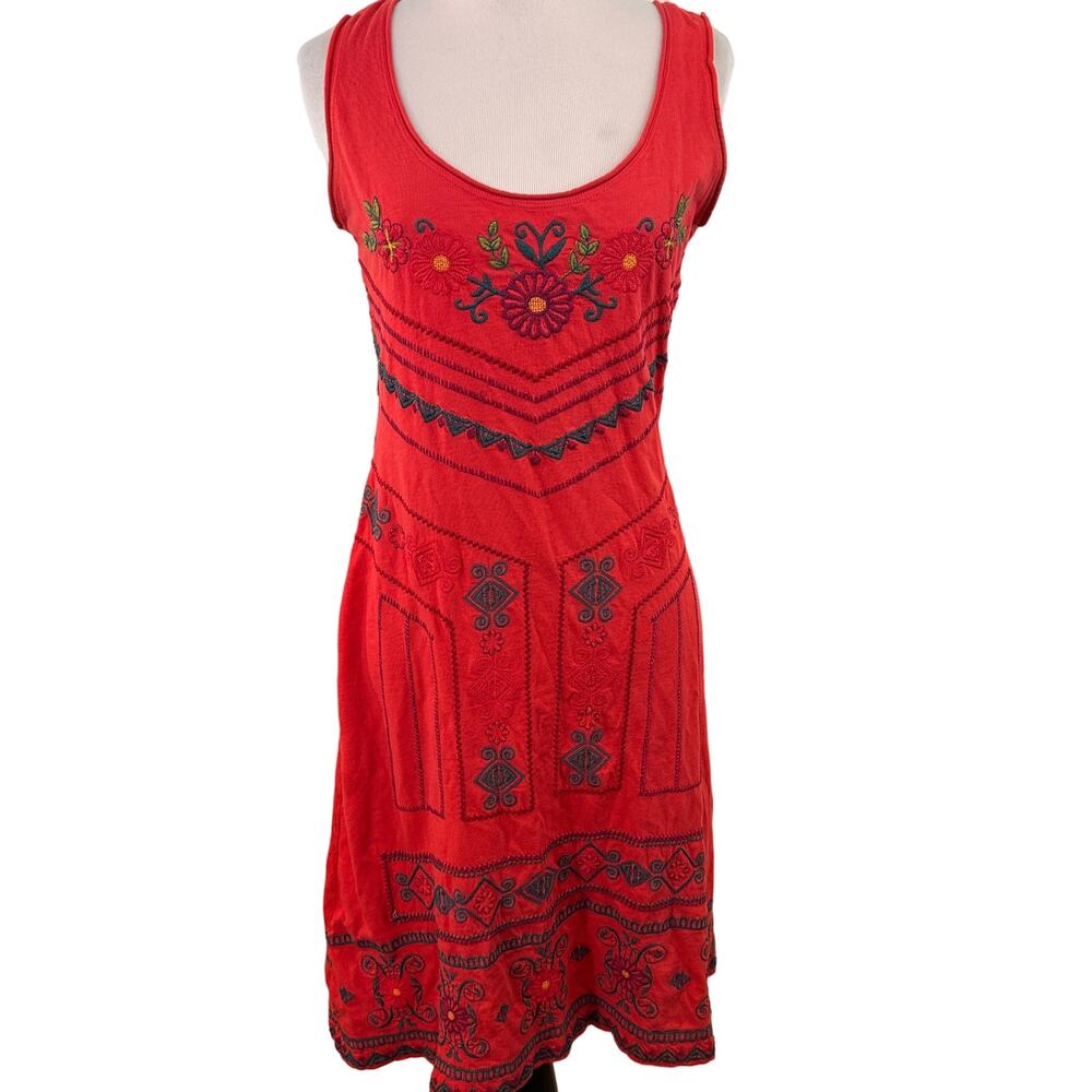Johnny Was JW Red Scoop Neck Floral Embroidery Dress Size Small